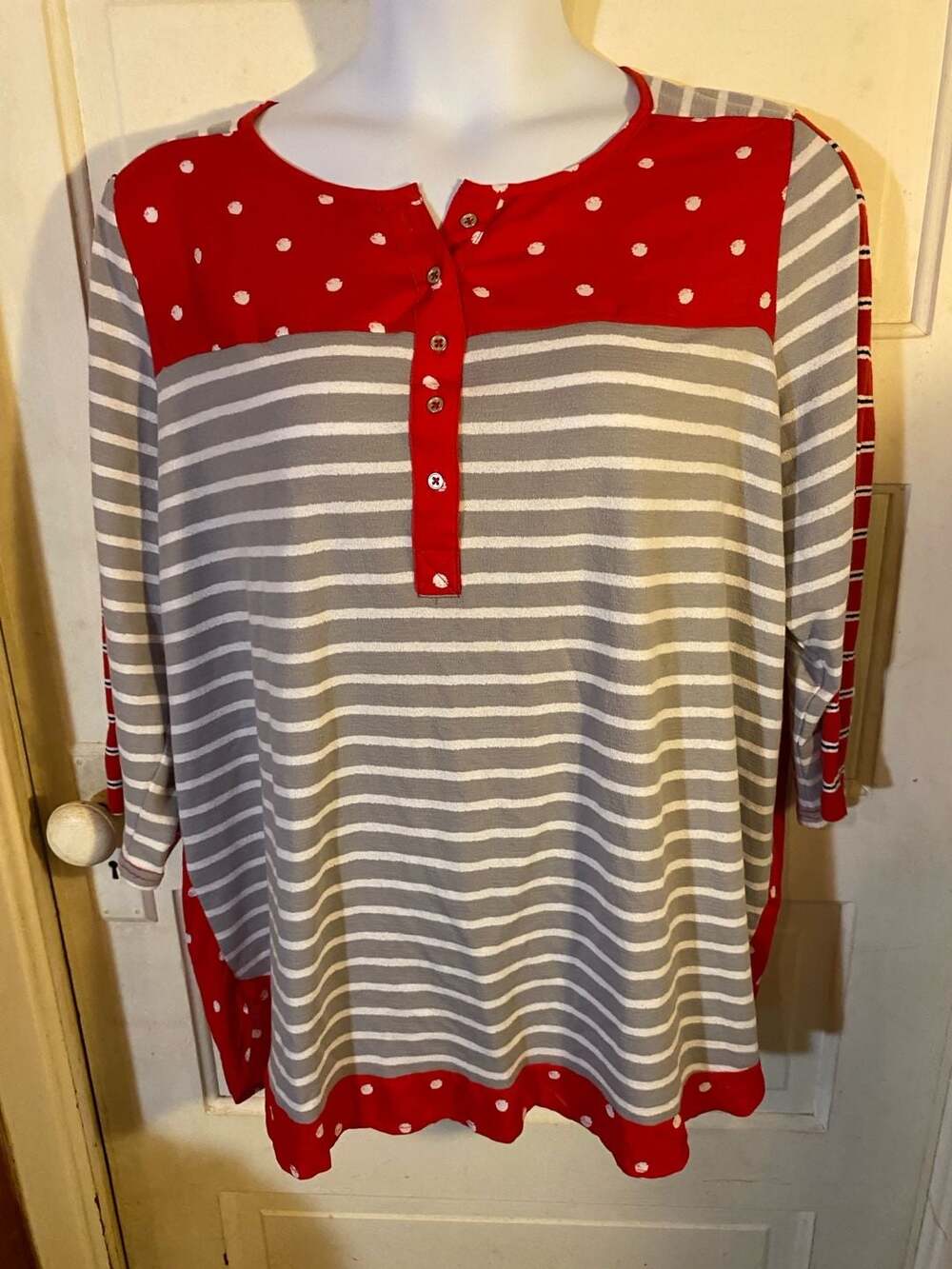 Westbound Woman Red Polka Dot and Gray Stripe Henley Top Plus Size 2X